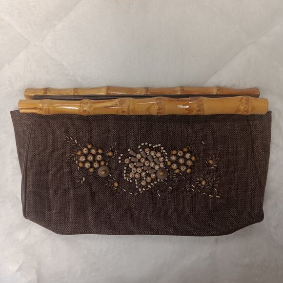 brown beaded clutch with faux bamboo snap closure - Picture 2 of 16